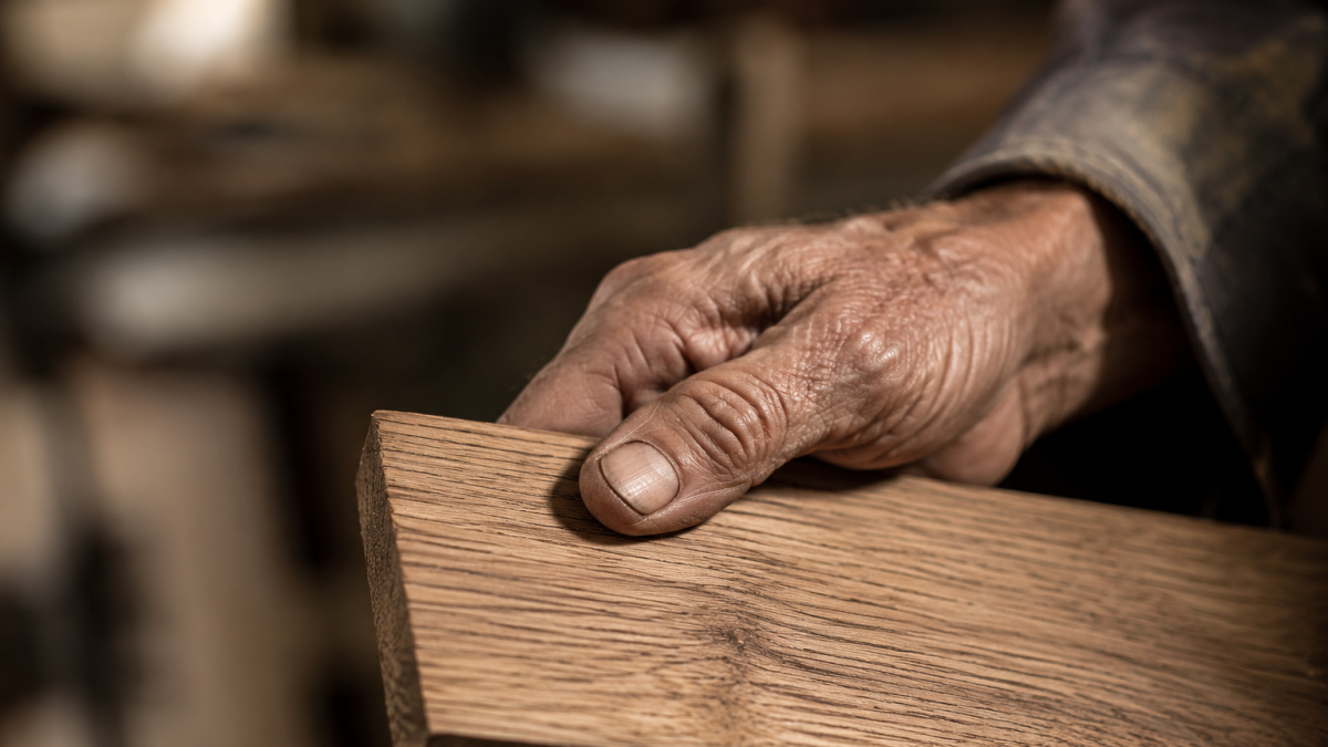 Artisan travaillant un parquet massif en chêne français dans les ateliers Coste Bois