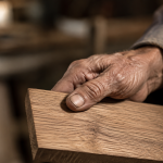 Artisan travaillant un parquet massif en chêne français dans les ateliers Coste Bois