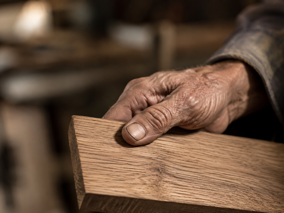 Artisan travaillant un parquet massif en chêne français dans les ateliers Coste Bois